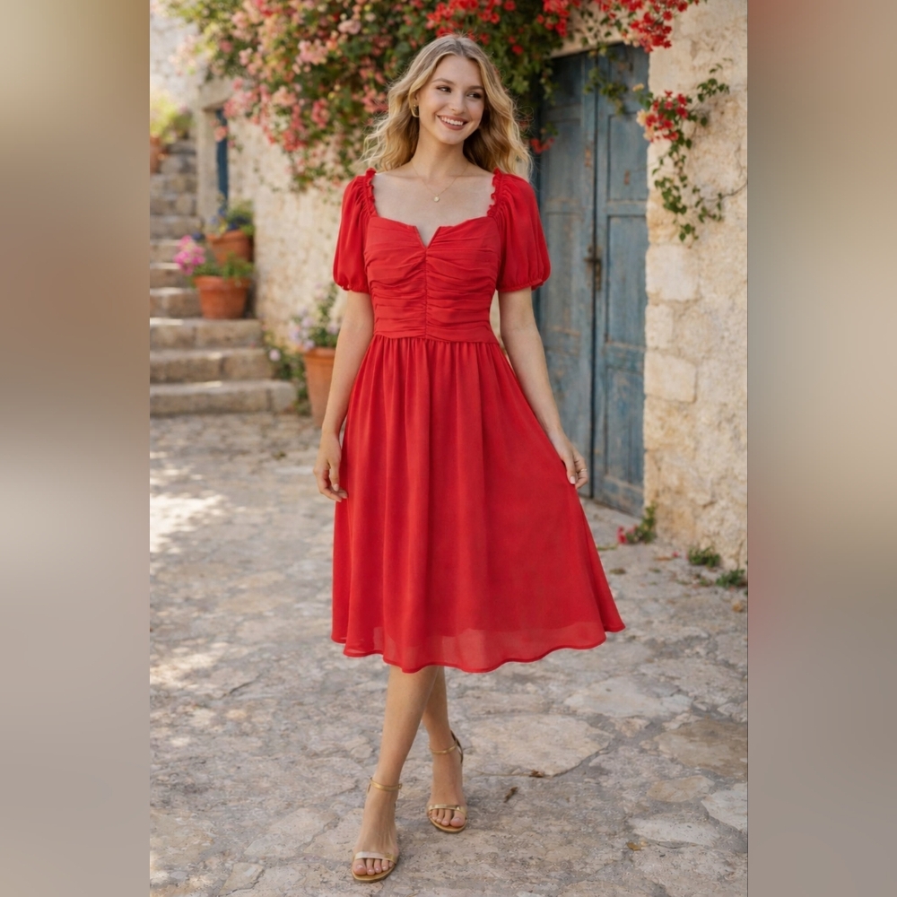 Tahari ASL Bright Red Ruched Chiffon Midi Dress Romantic Cocktail Party